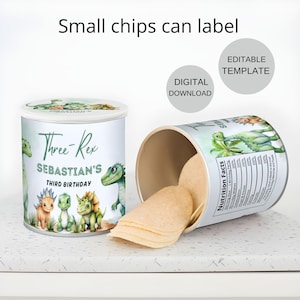 May include: A white chip can with a green dinosaur design and the text "Three-Rex Sebastian's Third Birthday". The can is open and filled with beige potato chips.