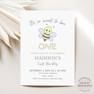 Invitación de cumpleaños de abejas, plantilla de fiesta de cumpleaños de abejas, primer cumpleaños editable, invitación de abejas simple imprimible, descarga instantánea