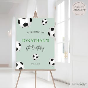 Plantilla editable de letrero de bienvenida de fútbol, póster de fiesta de cumpleaños de fútbol para niños, decoración de cumpleaños imprimible para niños de cualquier edad, descarga instantánea