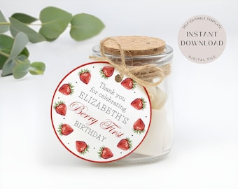 Strawberry Round Favor Tag, Editable Circle Birthday Thank You Tag Template, Girl Berry First Favor Labels, Round Gift Tag, Instant Download