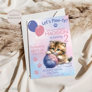 Faire-part d'anniversaire chaton, invitation à une fête d'anniversaire sur le thème chat, jolies filles modèle de carte d'anniversaire, anniversaire de tout âge, téléchargement immédiat