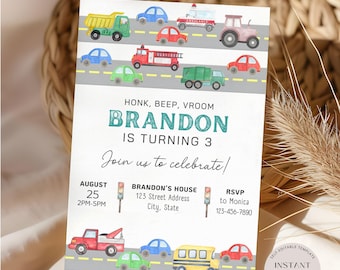 Transportation Birthday Invitation Template, Truck Birthday Invitation, Editable Cars Invite, Any Age Transport Birthday, Instant Download