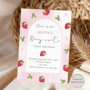 Convite de aniversário com morango, convite com frutas vermelhas, festa com frutas vermelhas rosa para meninas, convite editável com frutas vermelhas, download digital