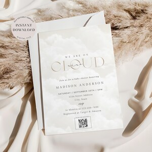 May include: A baby shower invitation with a cloud-themed design. The invitation features the text "We are on Cloud Nine" and details for the event, including the date, time, and location. The invitation is a self-editable template and instant download.