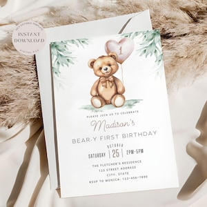 Invitación de cumpleaños con osito de peluche, plantilla de invitación editable para el primer cumpleaños con globos, invitación para la primera fiesta con osito de peluche, descarga digital