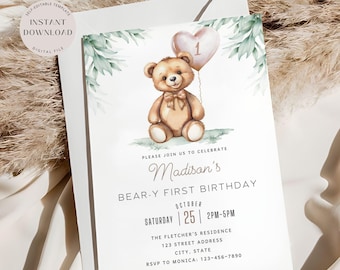 Convite de Aniversário de 1 Ano com Tema de Ursinho de Pelúcia, Modelo com Balões Florais, Convite para Festa de Aniversário Infantil, Editável, Download Digital