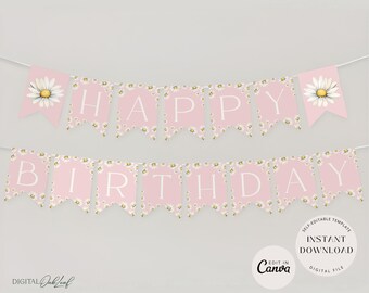 Bewerkbare madeliefjebloemen verjaardagsbanner, bloemen verjaardagsfeestje decor, meisjes verjaardagsgors vlag sjabloon, afdrukbare banner, instant download