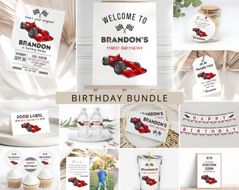 May include: A birthday party bundle with a red race car theme. The bundle includes a welcome sign, food labels, cupcake toppers, a banner, a thank you tag, a water bottle label, a juice pouch label, and a custom sign. The text on the welcome sign reads "Welcome to Brandon's Third Birthday".
