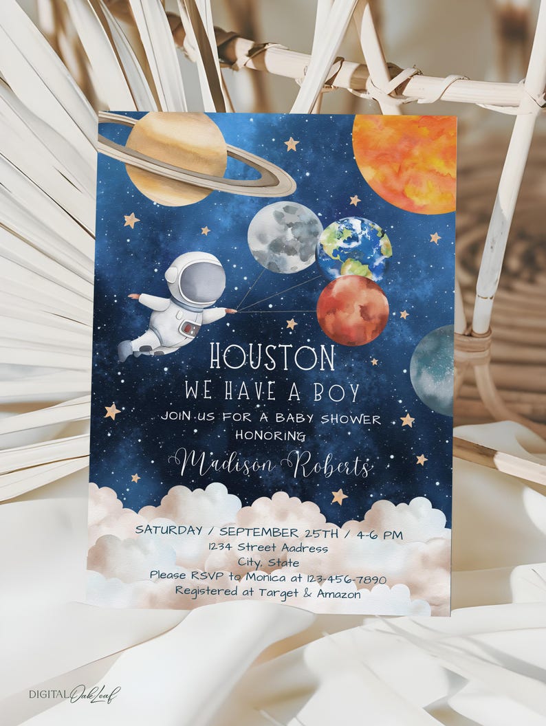 May include: A blue and white baby shower invitation with a watercolor illustration of an astronaut holding planets. The text reads "Houston, We Have A Boy" and includes the baby's name, Madison Roberts, the date and time of the shower, and RSVP information.