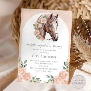 Horse Baby Shower Invitation, Cowgirl Baby Shower Invite, Pony Baby Shower Invitation, Girls Floral Invite Template, Digital Download