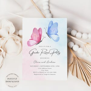 Invitation de mariage papillon sexe, faire-part bleu et rose, équipe garçon ou fille, modèle de baby shower modifiable lui ou elle, téléchargement numérique