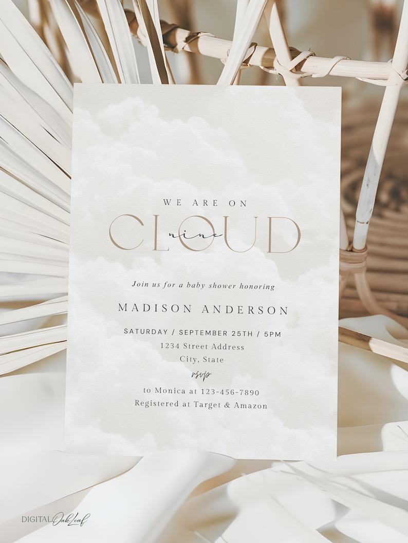 May include: A white baby shower invitation with a watercolor background. The text reads "We are on Cloud Nine" and includes the name Madison Anderson, the date and time of the shower, the address, and RSVP information.