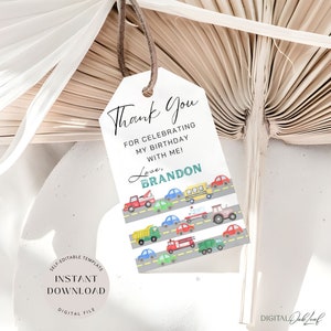 Bearbeitbare Transport Dankeschön Tag, Auto Geburtstagsbevorzugung, Geschenkanhänger für jeden Alter Jungen Bday, druckbare Party Favor Vorlage, sofortiger Download
