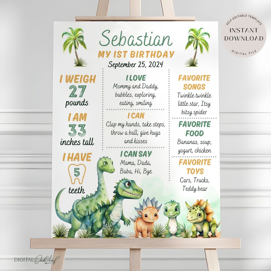 Dinosaur Birthday Milestone Poster, Editable 1st Birthday Milestone ...
