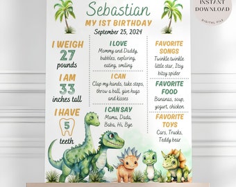 Póster de hito de cumpleaños de dinosaurio, tablero editable de hitos de primer cumpleaños, plantilla de letrero de hito de primer año, descarga instantánea