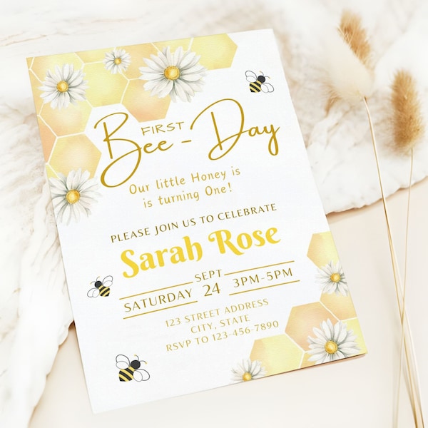 Editable First Bee-Day Birthday Invitation, Floral Bee Day Invite, 1st Bee Day Invitation, Honey Bee Birthday Party, Instant Download