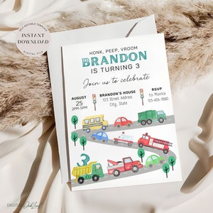 Modello di invito di compleanno per i trasporti, invito di trasporto modificabile, invito di compleanno per le auto, festa di compleanno per ragazzi di qualsiasi età, download immediato
