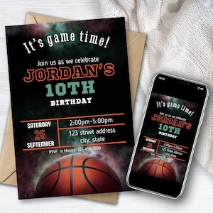 Invitation d'anniversaire de basket-ball, modèle d'invitation de sport modifiable, invitation de fête de basket-ball, anniversaire à thème sport, téléchargement numérique