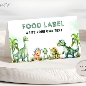 Etiqueta editável de comida de dinossauro, cartões de barraca de comida para festa de aniversário, cartão de barraca de buffet, cartão de nome de mesa, cartão de lugar para impressão, download instantâneo