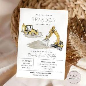 Baustelle Geburtstagseinladung, bearbeitbare Baggervorlage, minimalistisch, Can You Dig It Party, Bagger jedes Alter einladen, sofortiger Download