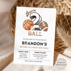 Convite Born 2 Ball, Convite editável para 2º aniversário, Modelo de convite para aniversário de All Star, Convite para festa esportiva para impressão, Download instantâneo