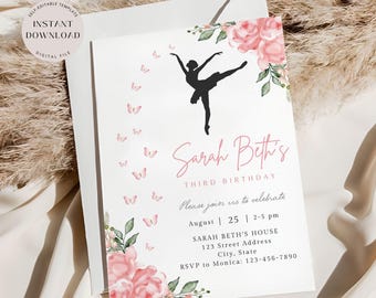 May include: A pink and green floral birthday invitation with a silhouette of a ballerina and butterflies. The invitation says "Sarah Beth's Third Birthday" and includes details for the party, including the date, time, and location. RSVP to Monica: 123-456-7890.