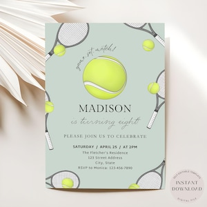 Tennis Birthday Invitation Template, Editable Sports Party Invite, Game Set Match, Tennis Racquet and Balls Invitation, Instant Download