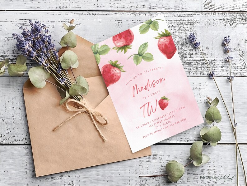 May include: Pink and white birthday invitation with a watercolor strawberry design. The invitation says "Join us to celebrate! Madison is a sweet two" and includes the date, time, and RSVP information.