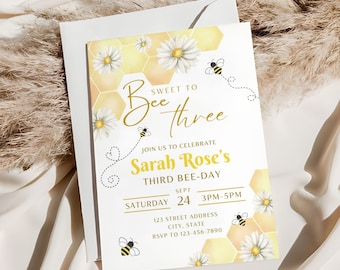 Editable 3rd Bee Birthday Invitation, Honey Bee Birthday Invite Template, Sweet to Bee Three, Honeycomb Bee-Day Printable, Instant Download