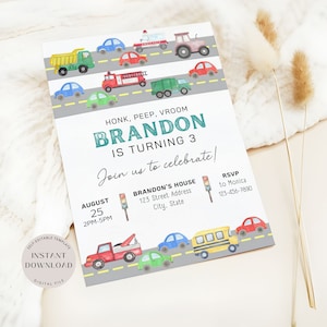 Modello di invito di compleanno per trasporto, invito di compleanno per camion, invito di auto modificabile, compleanno per trasporto di qualsiasi età, download immediato