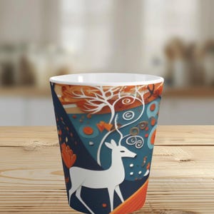 Whimsical Deer 12 oz Latte Mug Blue Orange and White, Unique Abstract Art Ceramic Coffee Cup, Perfect Gift for Mom, Teacher, Work