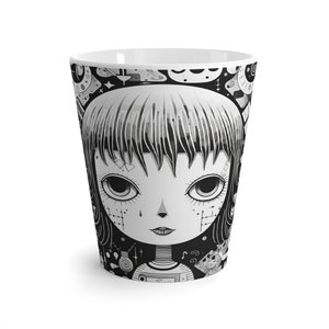 Latte Cup Young Girl Face Latte Mug Neo-Traditional Japanese Coffee Mug Little Girl Mug Cartoon-Style Tea Cup