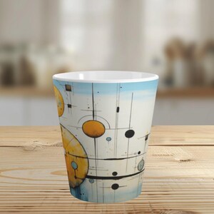 Unique Abstract Geometric 12 oz Ceramic Latte Mug, Modern Art Ceramic Latte or Coffee Cup, In Shades of Yellow, Blue, and White
