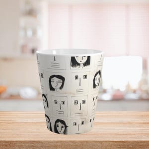 Abstract Faces 12oz Ceramic Latte Mug - Unique Black and White Artistic Coffee Cup, Modern Minimalist Design for Tea or Espresso