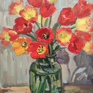 Spring Red Tulip Bouquet Oil Painting – Original Floral Art on Cardboard