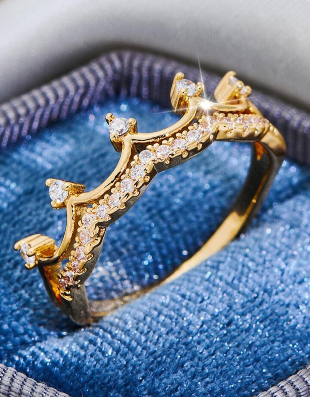 14K Solid Gold Crown Ring,art Deco Moissanite Crown Ring, Princess