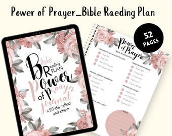Può includere: Un piano di lettura biblica digitale con il testo "A 23 Bible Reading Plan" e "Power of Prayer". Il piano include un diario e un taccuino di 52 pagine con accenti floreali. Il diario è visualizzato su un tablet.