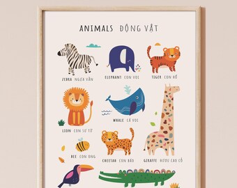 Impresión bilingüe de animales (vietnamita, tagalo, japonés, coreano, chino, español o tailandés) para la guardería o el aula de bebés - 11"x14"