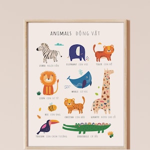 Impresión bilingüe de animales (vietnamita, tagalo, japonés, coreano, chino, español o tailandés) para la guardería o el aula de bebés - 11"x14"