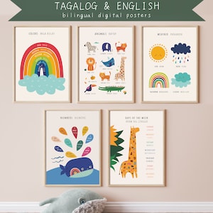 5 carteles educativos bilingües en tagalo, carteles de aprendizaje en tagalo, juego de 5 carteles educativos, material imprimible para la educación en el hogar, descarga digital