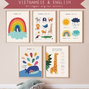 5 Cartel educativo vietnamita bilingüe, Cartel de aprendizaje vietnamita, Conjunto de 5 carteles educativos, Imprimibles de educación en el hogar, Descarga digital