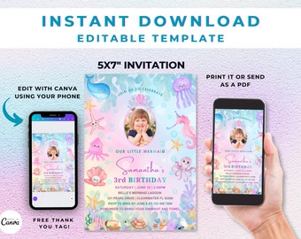 Editable Little Mermaid Birthday Invitation for Girl Mermaid Birthday Party Whimsical Birthday Dinner Invitation Favor Tag Instant Download