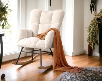 Rocking Chair-High Backrest Teddy Nursery Rocker, Modern Accent Recliner for Living Room, Bedroom, Cozy Reading, Beige