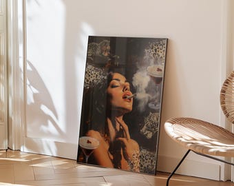 Arte de pared digital, mujer fumando un cigarrillo con leopardo, decoración de pared vintage, decoración del hogar con Espresso Martini, regalos para ella.