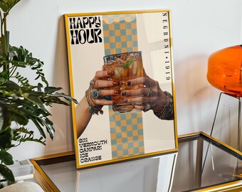 Arte mural de cóctel y manos enjoyadas, impresión digital de pared Happy Hour Negroni, decoración del hogar