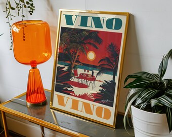 Lámina retro de cena en la playa: Arte mural costero "Vino" (Descarga digital)