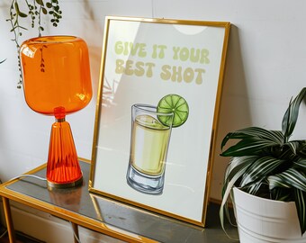 Impresión artística de trago de tequila: póster de bar retro con estilo (descarga digital)