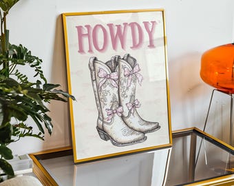Arte mural con botas vaqueras rosas: Impresión "Howdy Western" (Descarga digital)