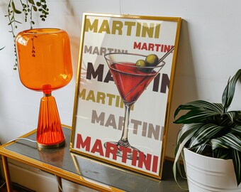Martini, cóctel Martini rojo con aceitunas estilo mediados de siglo, impresión, impresión digital, arte de pared, póster de Martini, descargar impresión.
