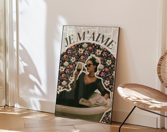 Lámina artística francesa "Je M'aime": Mujer floral vintage, amor propio (descarga digital)